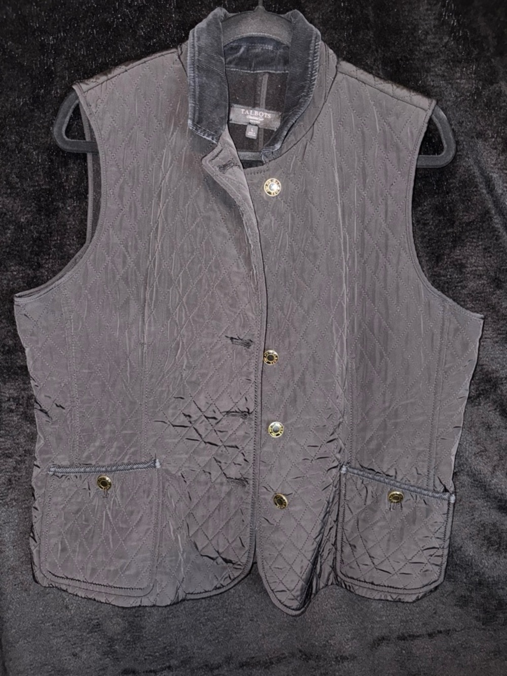 Talbots Quilted Vest Petite LG Black Snap Button Corduroy Trim Equestrian GUC